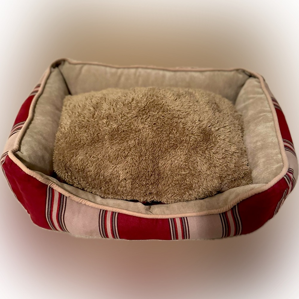 BOOTS & BARKLEY SMALL RED BURGUNDY TAN PLUSH COMFY PET DOG PUPPY BED CAT KITTY
